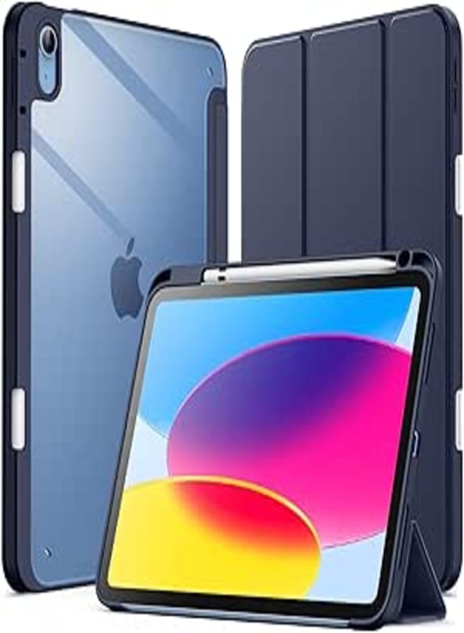 JETech Case for iPad (A16) 11th/10th Generation (2025/2022) with Pencil Holder, Clear Transparent Back Protective Case, Thin Stand, Shockproof Tablet (Navy Blue)